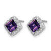 14k White Gold 5mm Square Amethyst and .08 carat Diamond Post Earrings