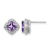 14k White Gold 5mm Square Amethyst and .08 carat Diamond Post Earrings
