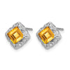 14k White Gold 5mm Square Citrine and .08 carat Diamond Post Earrings