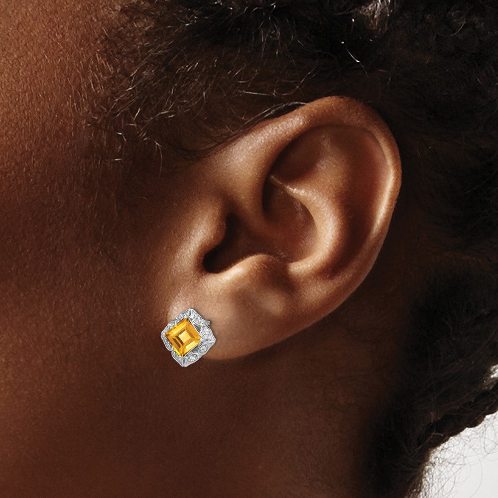 14k White Gold 5mm Square Citrine and .08 carat Diamond Post Earrings