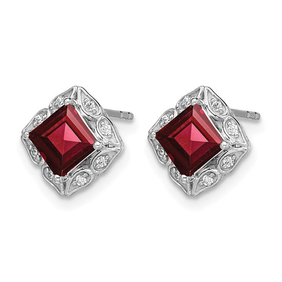 14k White Gold 5mm Square Garnet and .08 carat Diamond Post Earrings