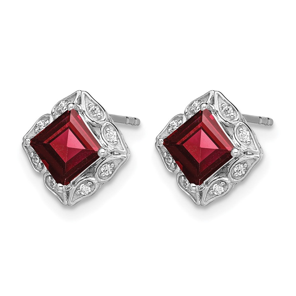 14k White Gold 5mm Square Garnet and .08 carat Diamond Post Earrings