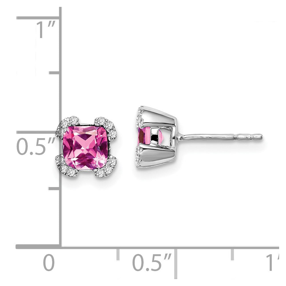 14k White Gold 5.5mm Cushion Lab Created Pink Sapphire and Diamond Post Earrings