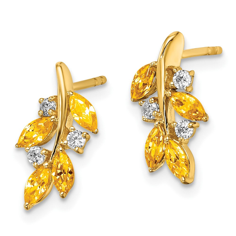 14k Marquise Citrine and 1/8 carat Diamond Leaf Post Earrings
