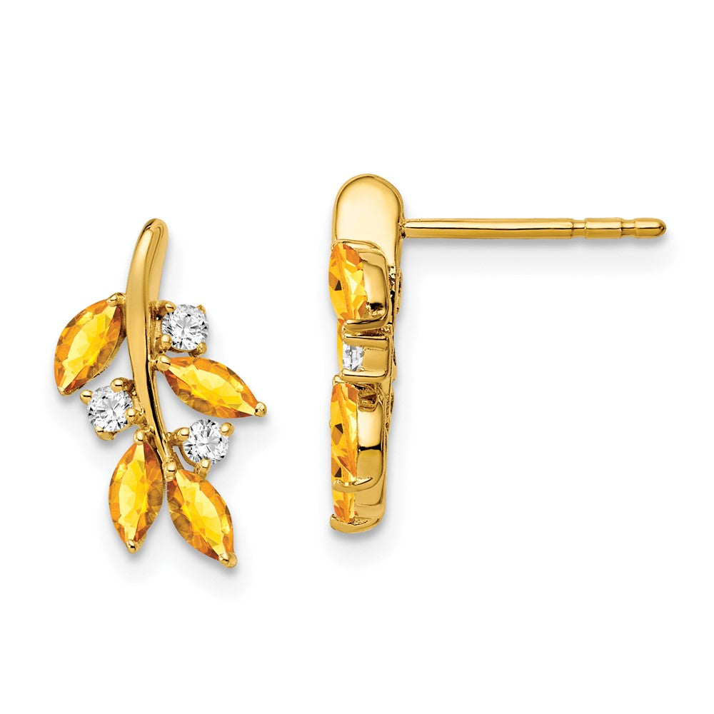 14k Marquise Citrine and 1/8 carat Diamond Leaf Post Earrings