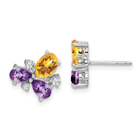 14k White Gold Pear Amethyst/Oval Citrine and 1/8 carat Diamond Post Earrings