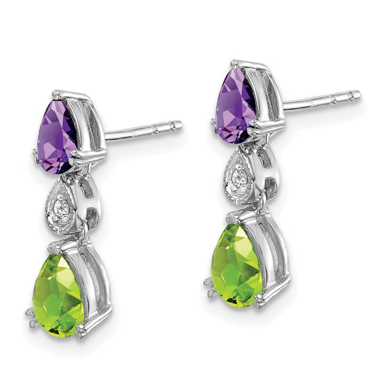 14k White Gold Pear Amethyst/Peridot and Diamond Post Earrings