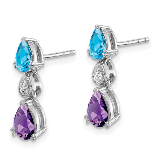 14k White Gold Pear Blue Topaz/Amethyst and Diamond Post Earrings
