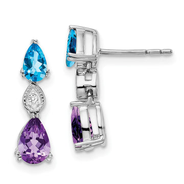 14k White Gold Pear Blue Topaz/Amethyst and Diamond Post Earrings
