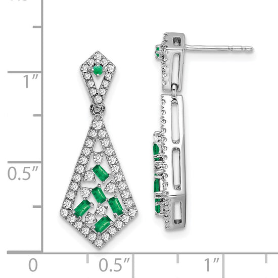 14k White Gold Baguette Emerald and Diamond Kite Dangle Post Earrings