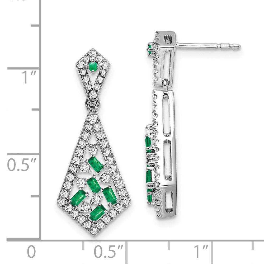 14k White Gold Baguette Emerald and Diamond Kite Dangle Post Earrings