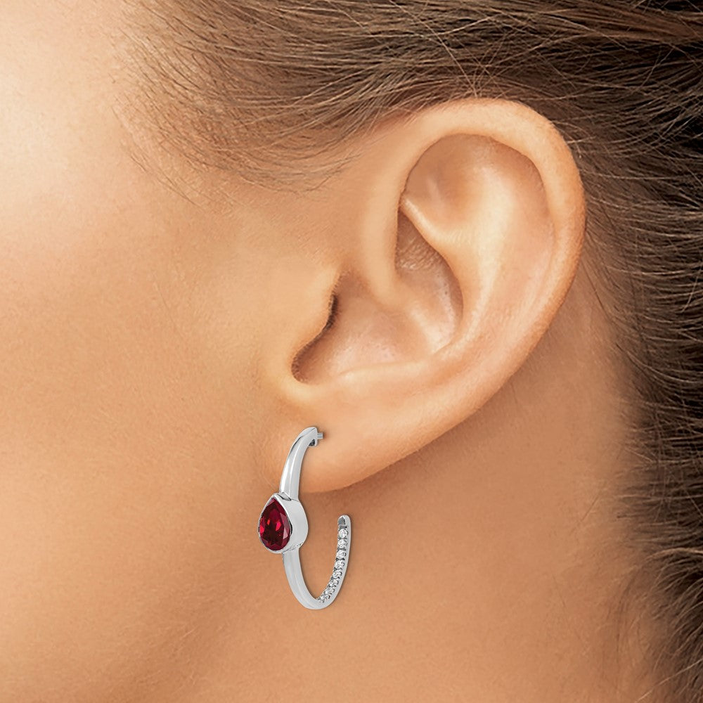 14k White Gold 7x5mm Pear Lab Created Ruby and Diamond J-Hoop Post Earrings