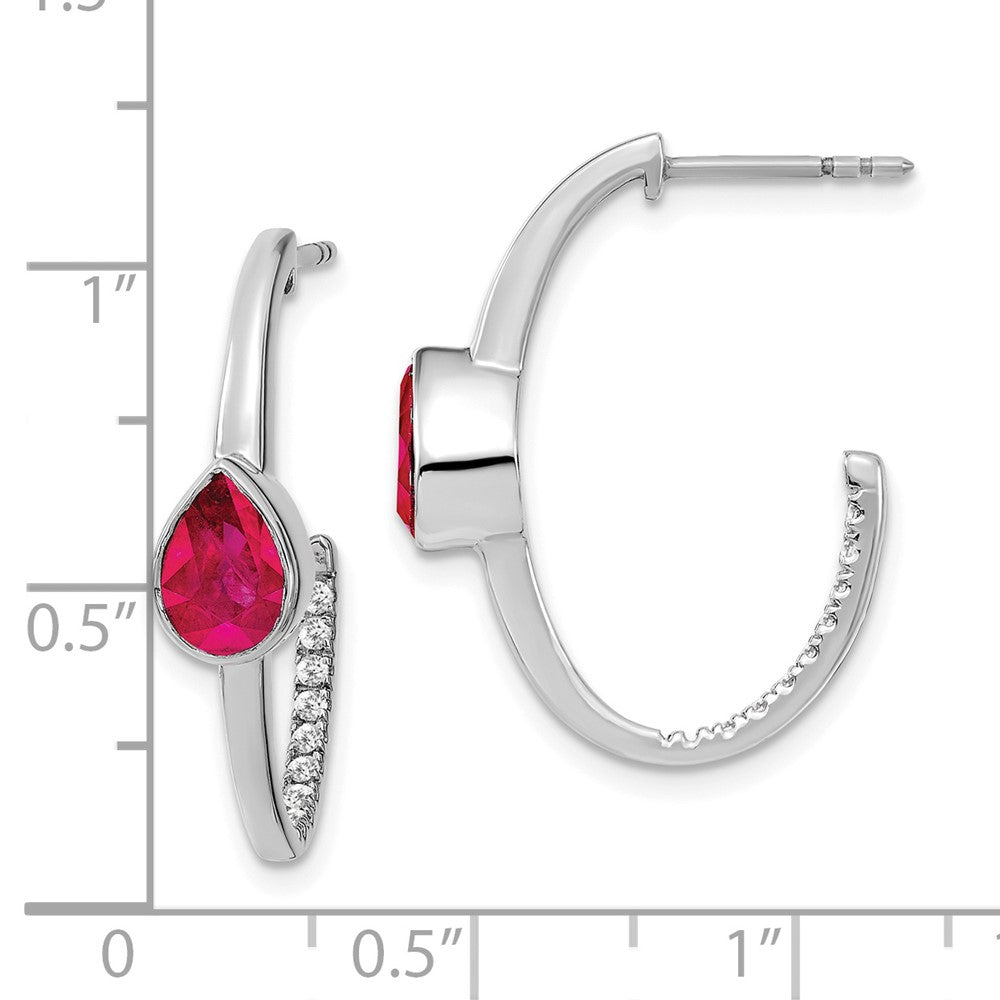14k White Gold 7x5mm Pear Lab Created Ruby and Diamond J-Hoop Post Earrings
