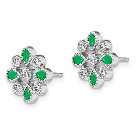 14k White Gold Emerald and Diamond Floral Post Earrings