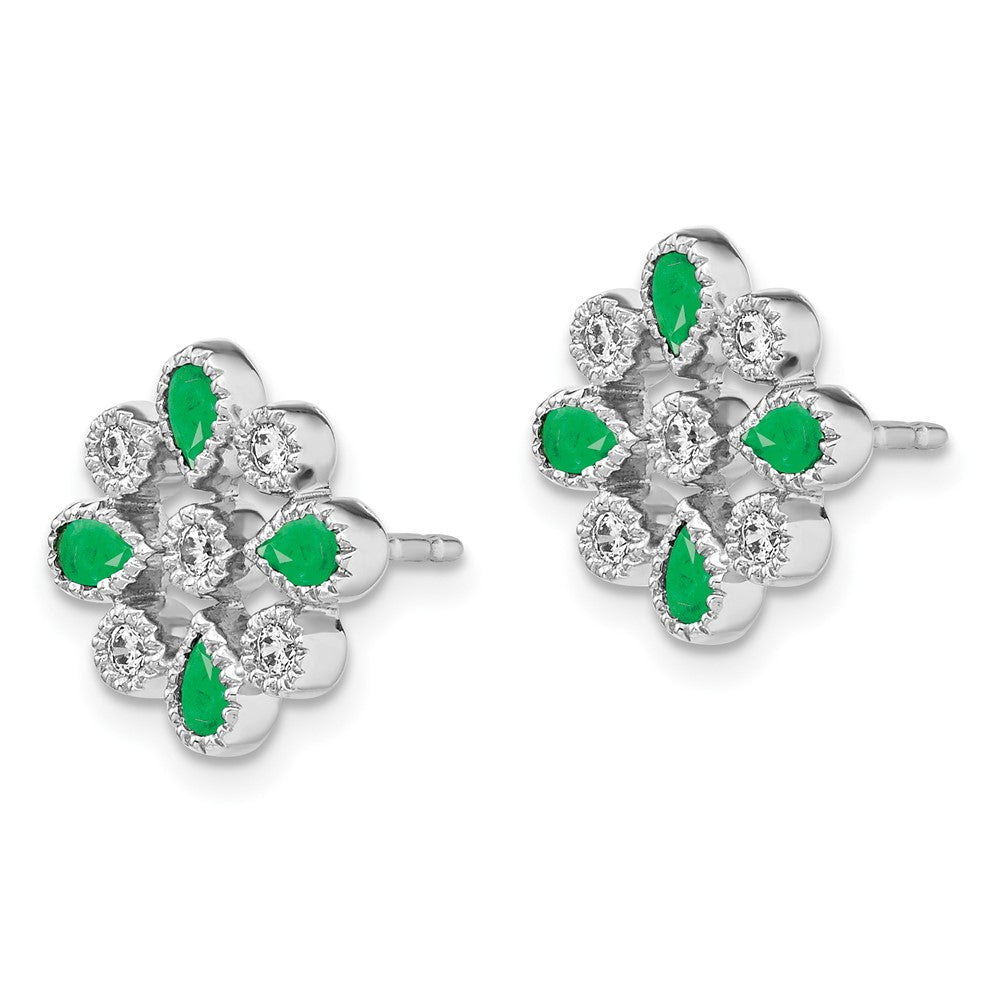 14k White Gold Emerald and Diamond Floral Post Earrings