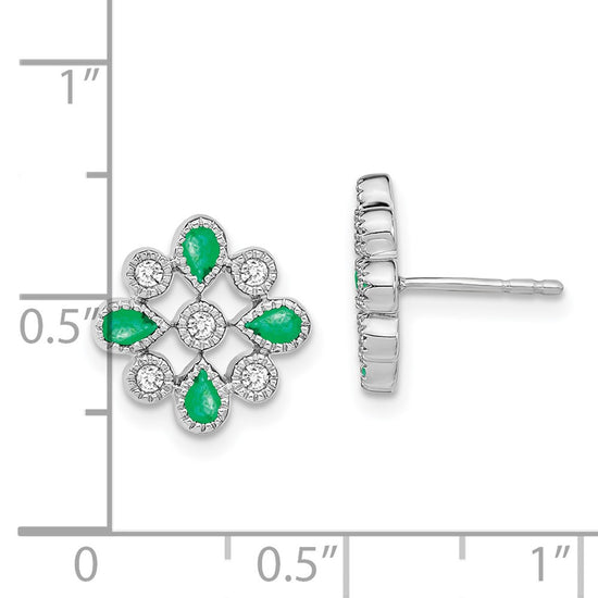 14k White Gold Emerald and Diamond Floral Post Earrings