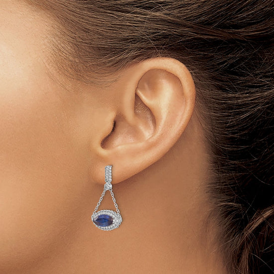 14k White Gold 10x5mm Marquise Lab Created Sapphire and Diamond Chain Dangle Post Earrings