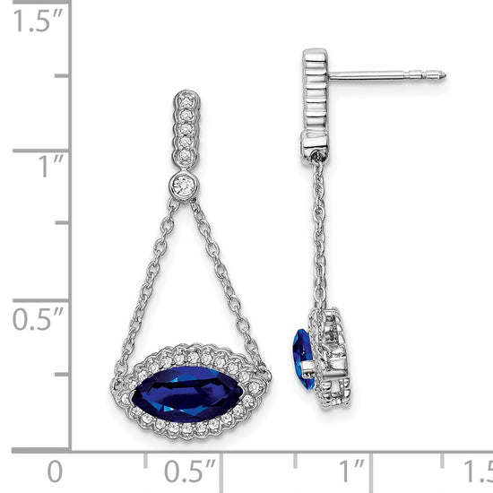 14k White Gold 10x5mm Marquise Lab Created Sapphire and Diamond Chain Dangle Post Earrings