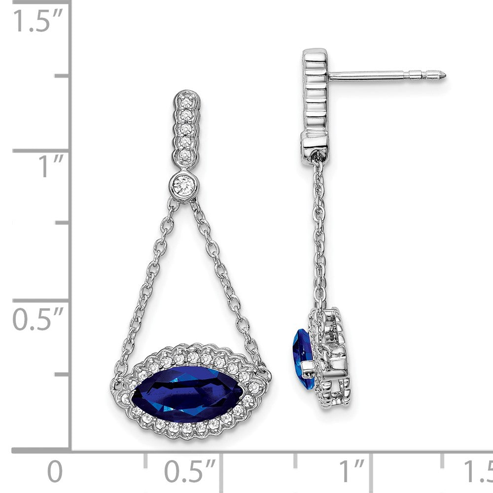 14k White Gold 10x5mm Marquise Lab Created Sapphire and Diamond Chain Dangle Post Earrings