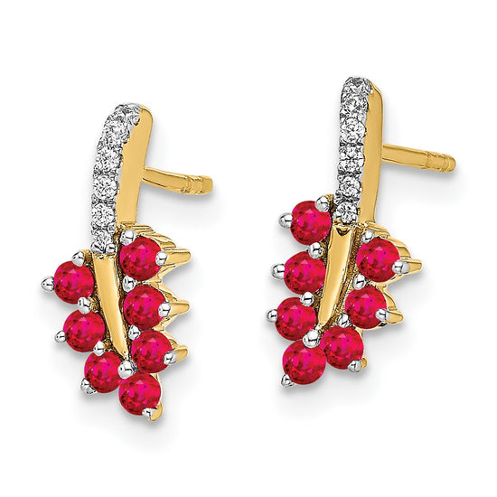 14k Ruby and Diamond Leaf Post Earrings