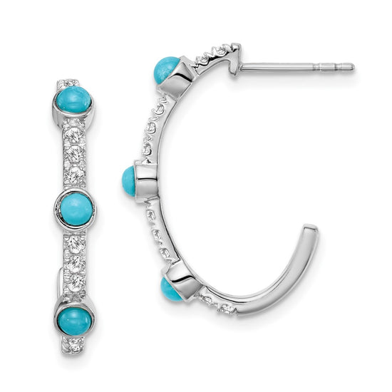 14k White Gold Turquoise and White Topaz J-hoop Post Earrings