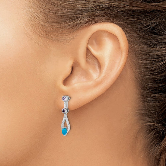 14k White Gold Turquoise/Amethyst/White Topaz Dangle Post Earrings