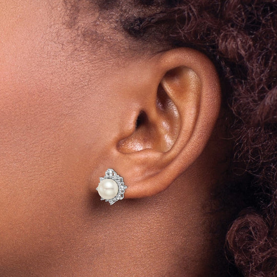 14k White Gold 5/8 carat Lab Grown Diamond VS/SI+ G+ and 7.00 mm Round Freshwater Cultured Pearl Complete Fashion Post Earrings