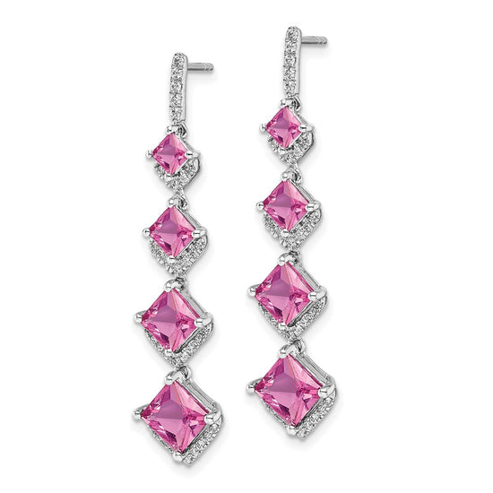 14k White Gold 1/3 carat Lab Grown Diamond VS/SI+ G+ and Lab Created Pink Sapphire Dangle Post Earrings