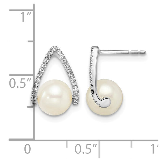14k White Gold 6-7mm White Button Freshwater Cultured Pearl and .15 carat Diamond Post Earrings