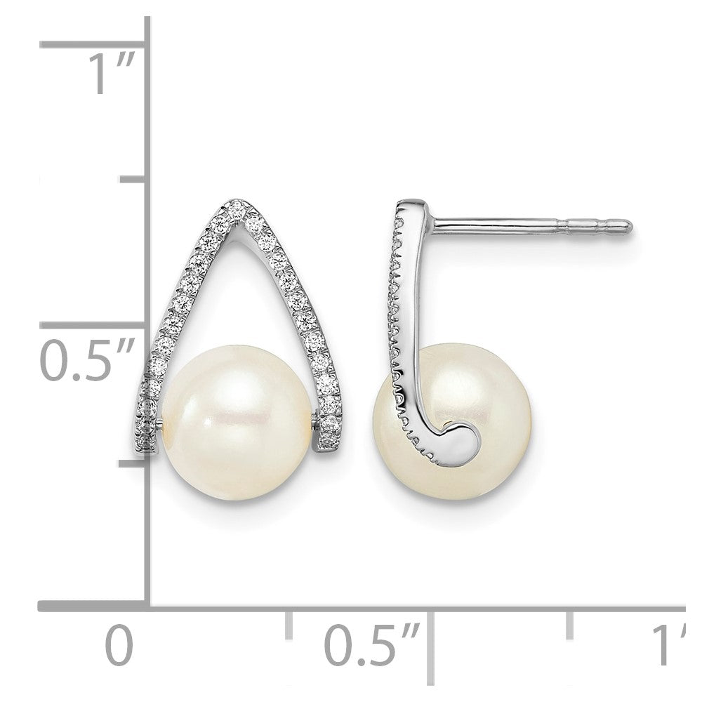 14k White Gold 6-7mm White Button Freshwater Cultured Pearl and .15 carat Diamond Post Earrings