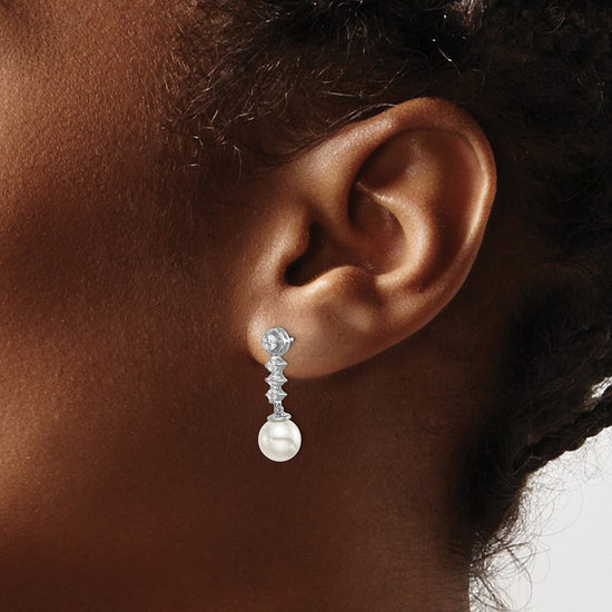14k White Gold 6-7mm White Round Freshwater Cultured Pearl and .34 carat Diamond Dangle Post Earrings