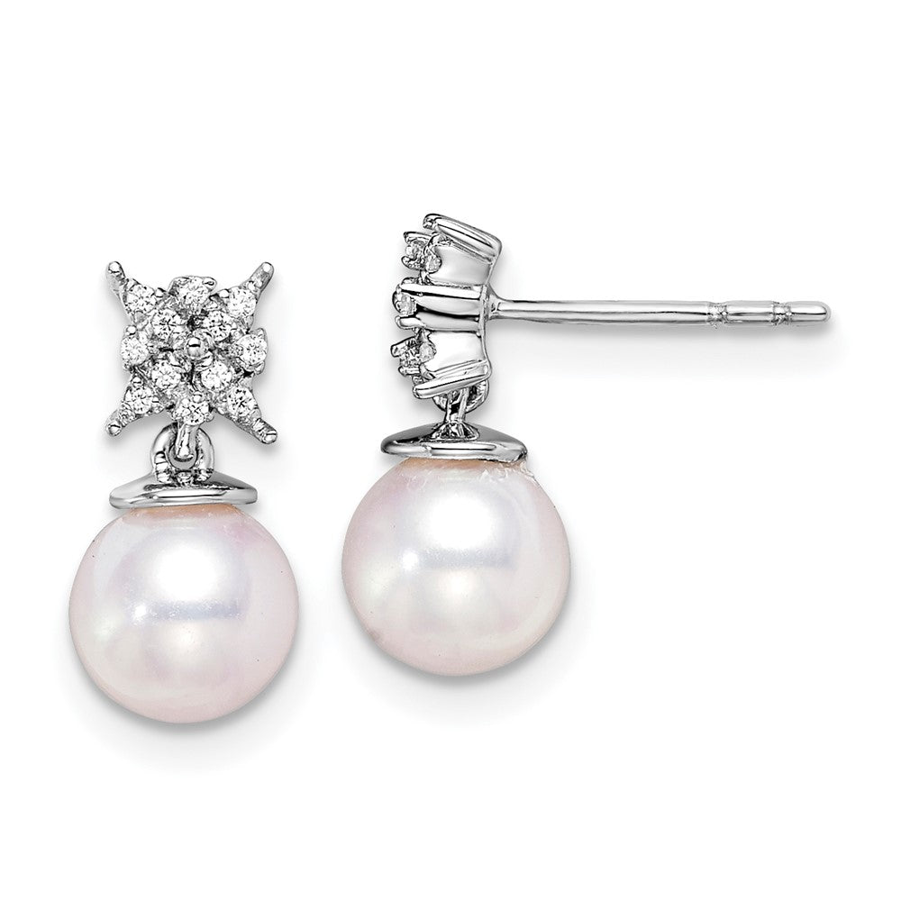 14k White Gold 6-7mm White Round Freshwater Cultured Pearl and .07 carat Diamond Dangle Post Earrings