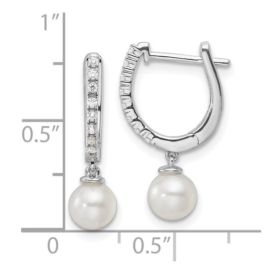 14k White Gold 1/10 carat Lab Grown Diamond VS/SI+ G+ and 5.50 mm Round Freshwater Cultured Pearl Complete Hinged Hoop Earrings