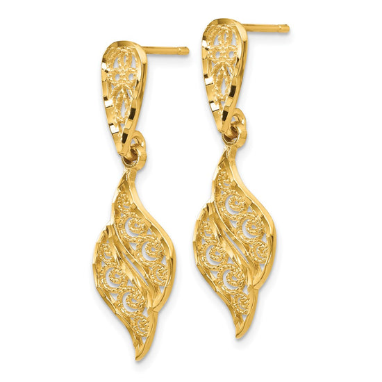 14k Polished Diamond-Cut Filigree Swirl Dangle Post Earrings