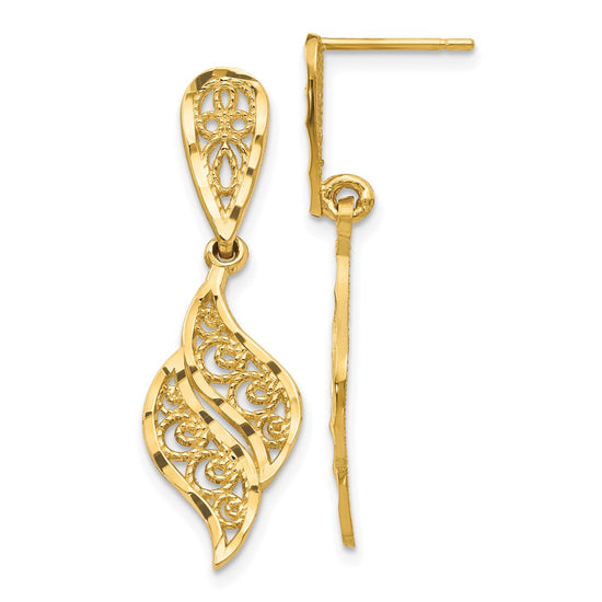 14k Polished Diamond-Cut Filigree Swirl Dangle Post Earrings