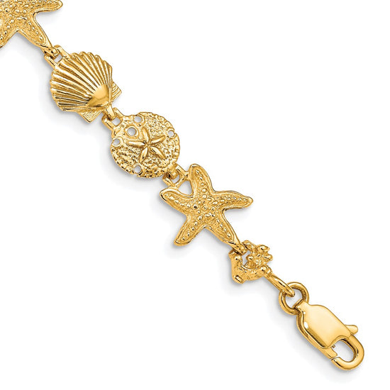 14k Polished Assorted Sea Shell Theme 7.5 inch Bracelet