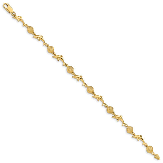 14K Polished Dolphin and Sea Shell 7 inch Bracelet