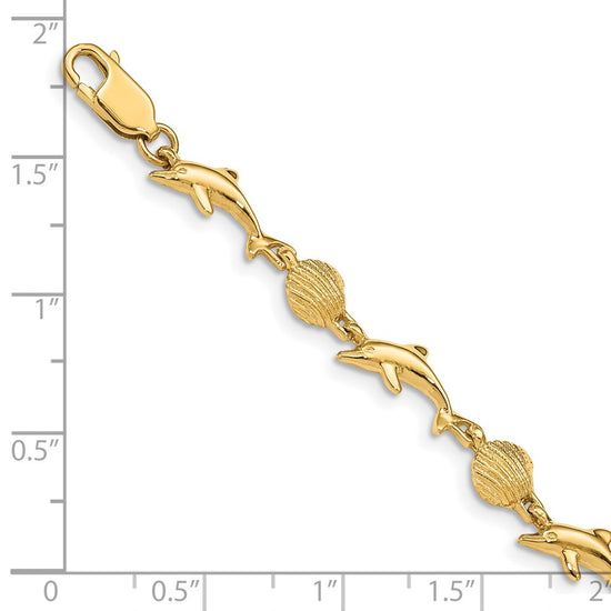 14K Polished Dolphin and Sea Shell 7 inch Bracelet
