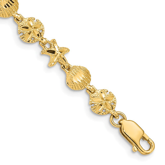 14K Diamond-cut Starfish/Sand Dollar/Shell 7 inch Bracelet