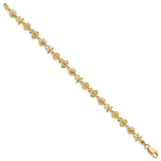 14k Polished and Textured Sea Life 7 inch Bracelet