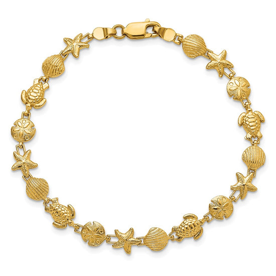 14k Polished and Textured Sea Life 7 inch Bracelet