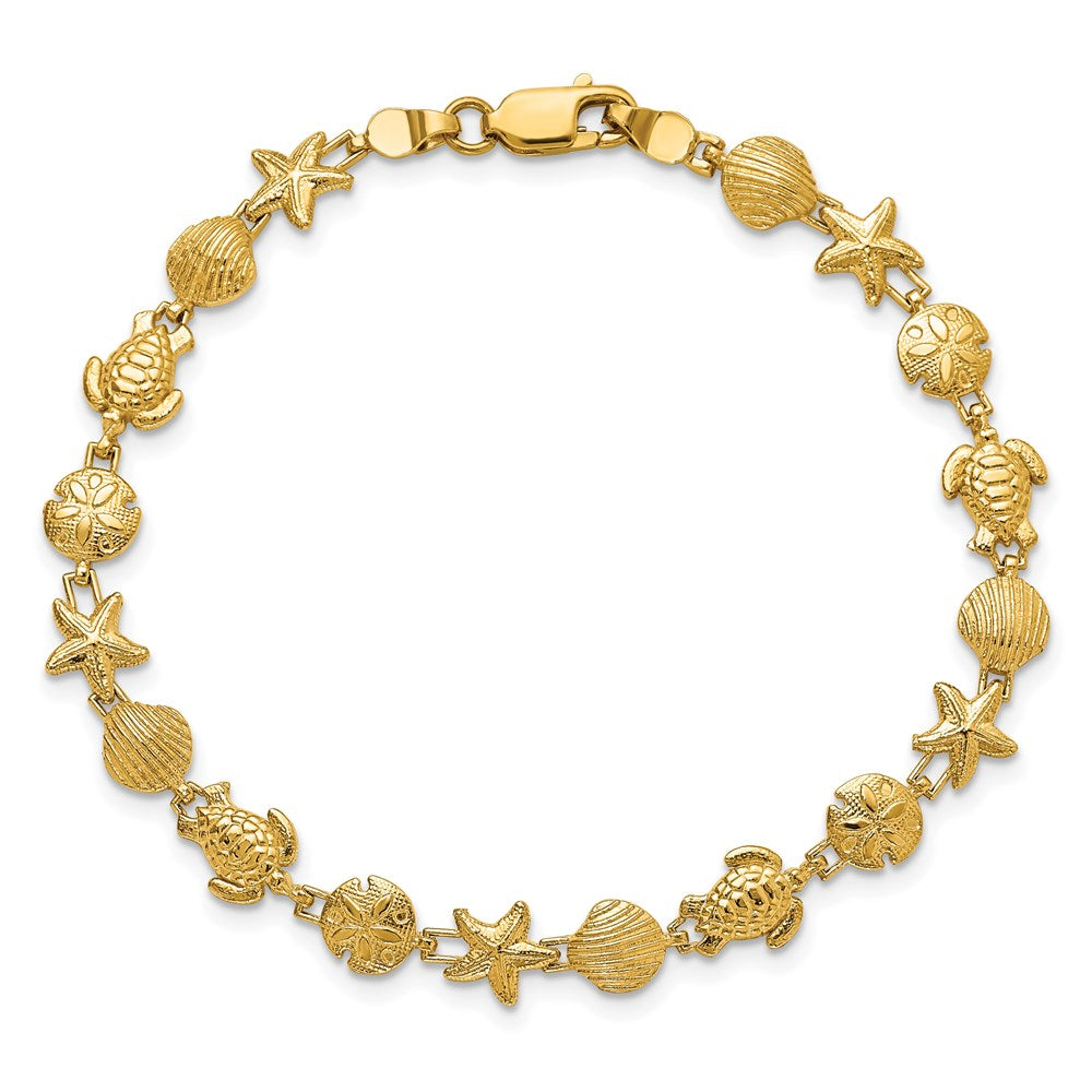 14k Polished and Textured Sea Life 7 inch Bracelet