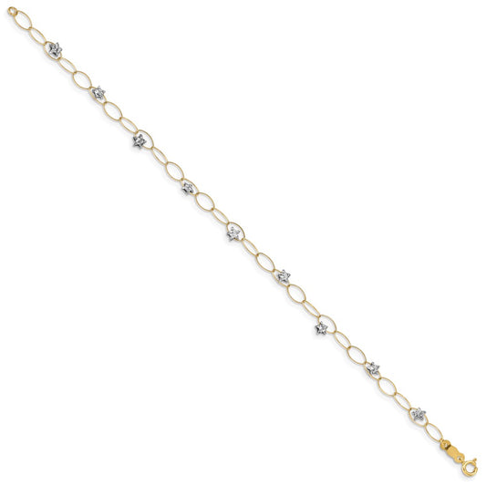 14k Two-tone Diamond-cut Puffed Stars and Oval Link 7.25 inch Bracelet