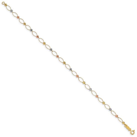 14K Tri-color Oval Link with Mirror Beads 7 inch Bracelet