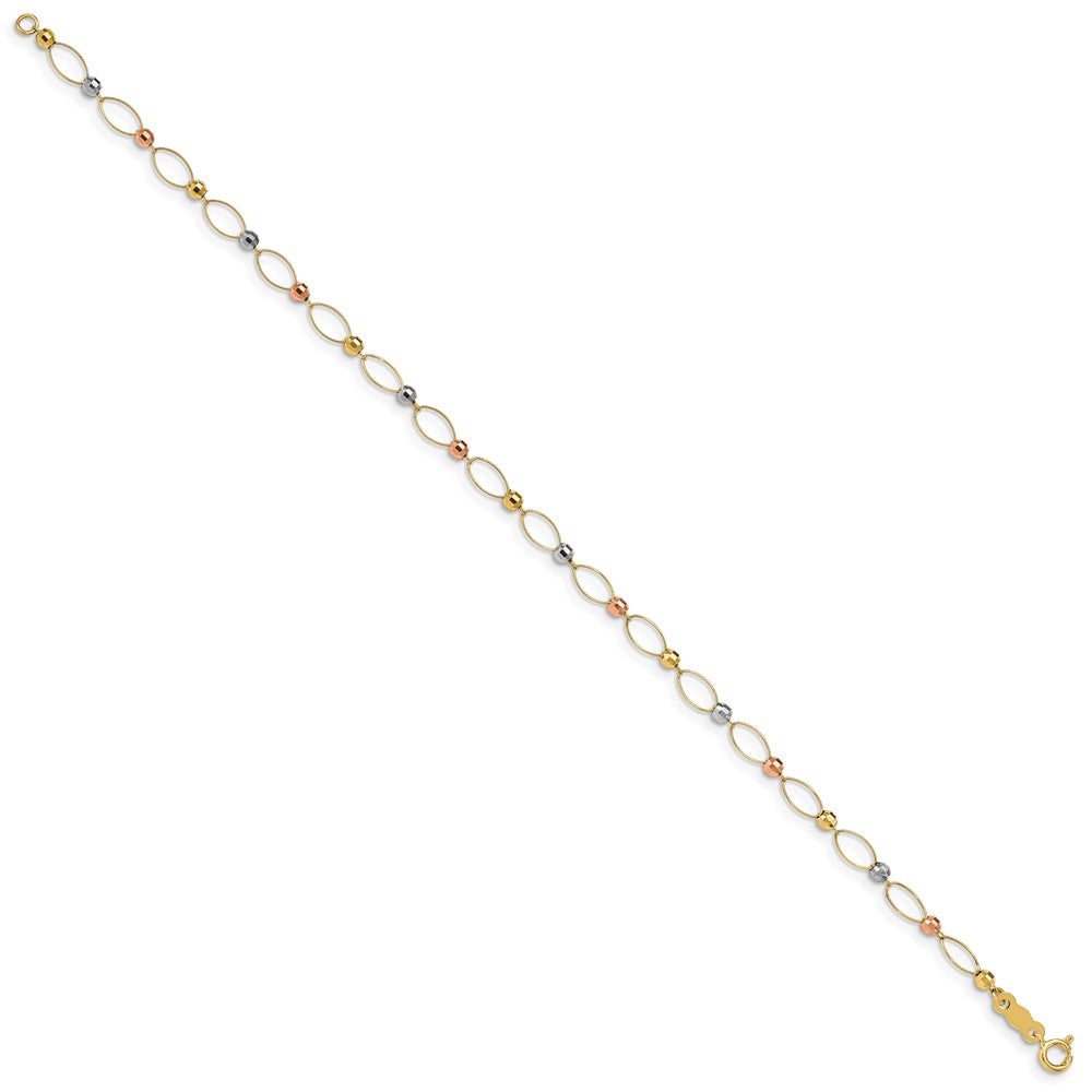 14K Tri-color Oval Link with Mirror Beads 7 inch Bracelet