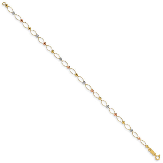 14K Tri-color Oval Link with Mirror Beads 7 inch Bracelet