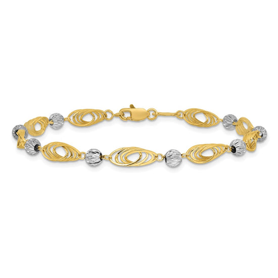 14K Two-tone Oval Links with Diamond-cut Beads 7.25 inch Bracelet