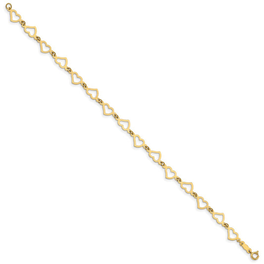 14K Polished Flat Open Hearts 7.5 inch Bracelet