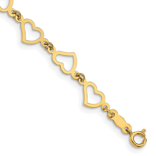 14K Polished Flat Open Hearts 7.5 inch Bracelet