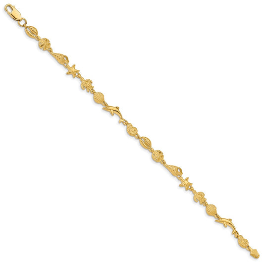 14K Polished and Textured Sea Life 7.25 inch Bracelet